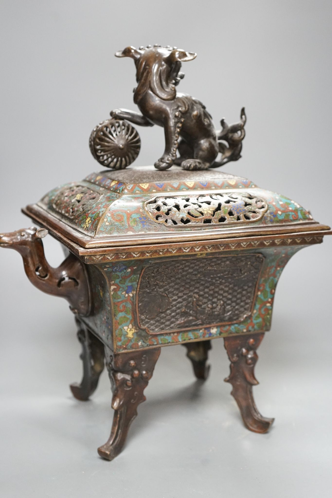 A large 19th century Japanese bronze and champleve enamel censer and cover, 40cm